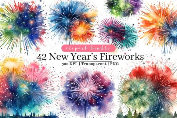 Download New Year's Fireworks Watercolor Clipart - Year Collection